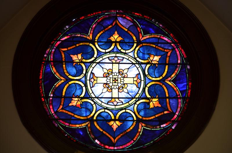 Reese Memorial Window:  Byzantine design with a Greek cross in the center