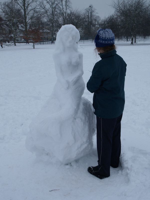 snow mermaid, Jesus Green, Cambridge, England