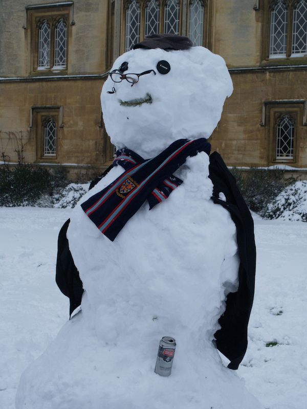 snow man, New Court, St John's, Cambridge, England