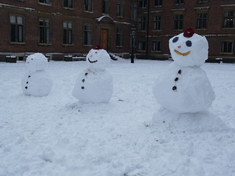 three snow men, Principal Court, St Catharine's College, Cambridge, England