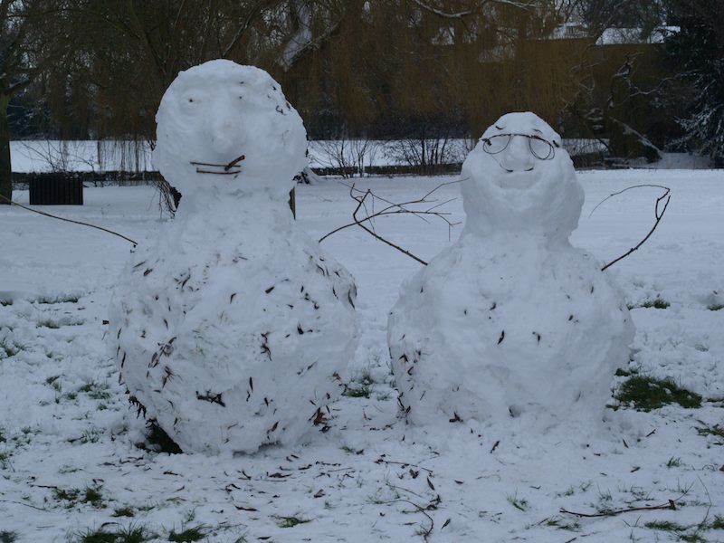 two snow men, Mill Pit, Cambridge, England