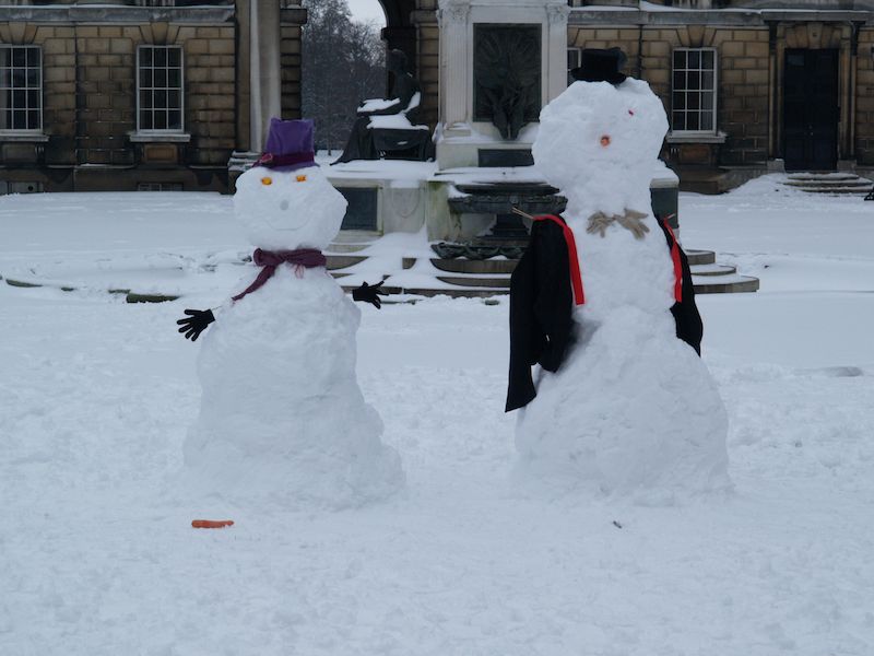 two snow men, King's College, Cambridge, England