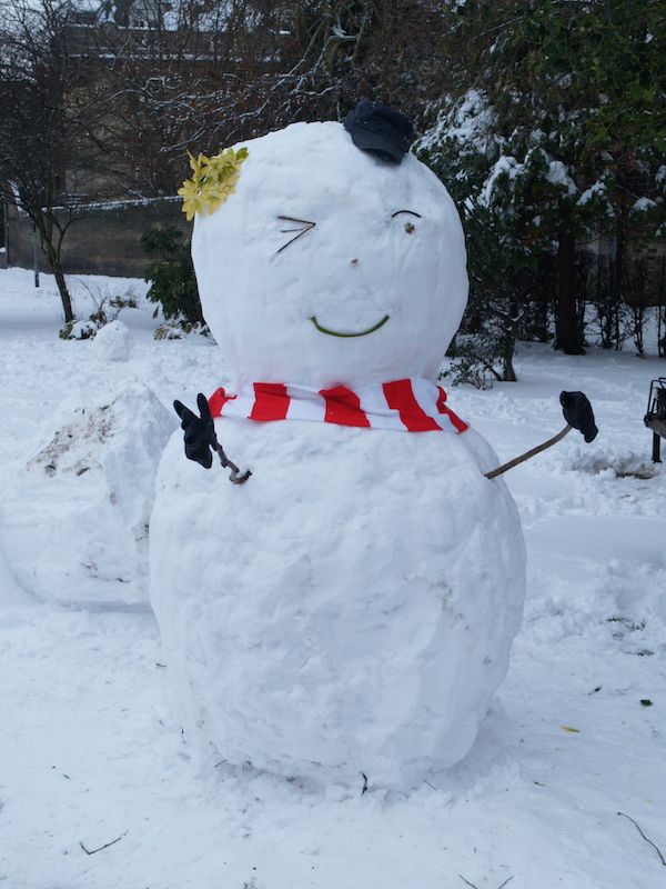 snow woman, Christ's Pieces, Cambridge, England