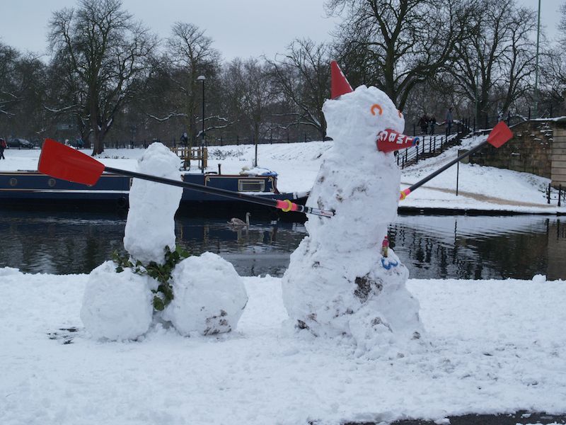 snow man, St John's College boathouse, Cambridge, England