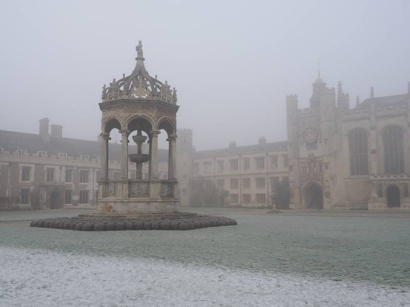 Great Court in winter mist, Trinity College, Cambridge, England