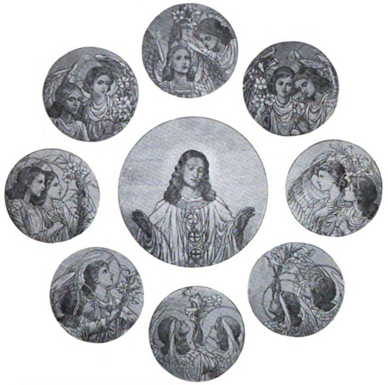 Hobart Memorial Window:  Christ with eight medallions each with two angel heads