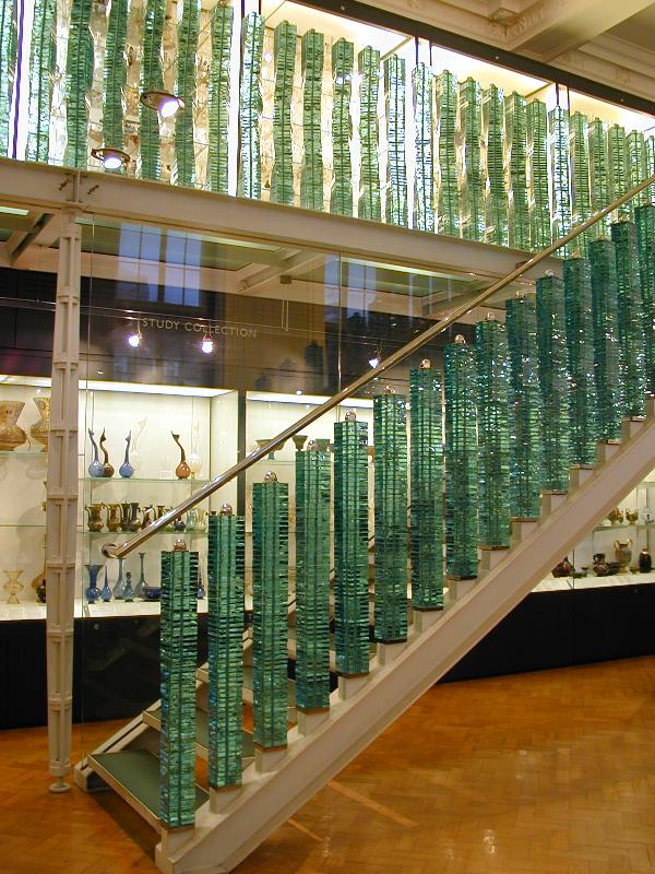 London, England: Victoria and Albert Museum: glass balustrade and staircase (1992, by Danny Lane)