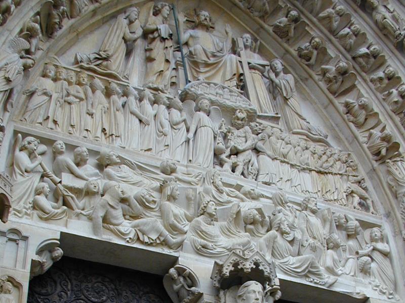 Paris, France: Notre Dame: tympanum detail above central door of west-facing facade