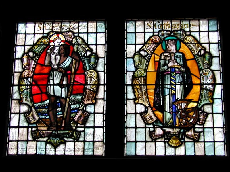 Cambridge, England: St Catharine's College: chapel window (St Christopher and St Catharine)