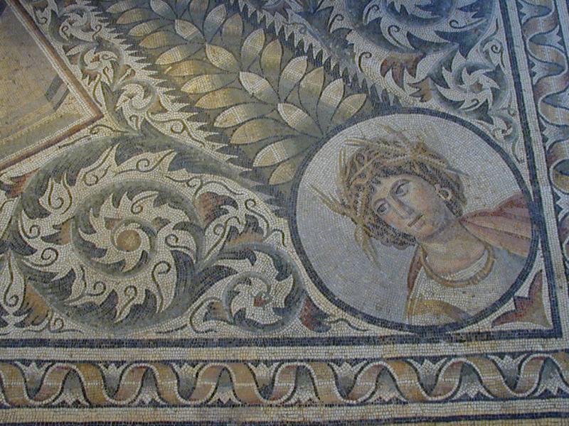 London, England: British Museum: section of Months and Seasons pavement mosaic (second half of 4th century AD, from Carthage)