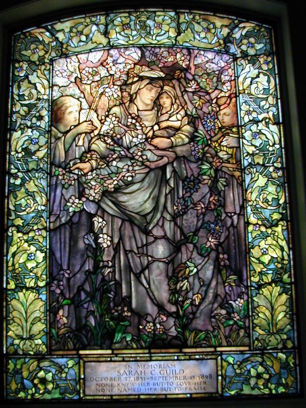 Boston, Massachusetts (MA): Arlington Street Church: Madonna of the Flowers (Tiffany stained glass memorial window, designed c1898, installed 1899)