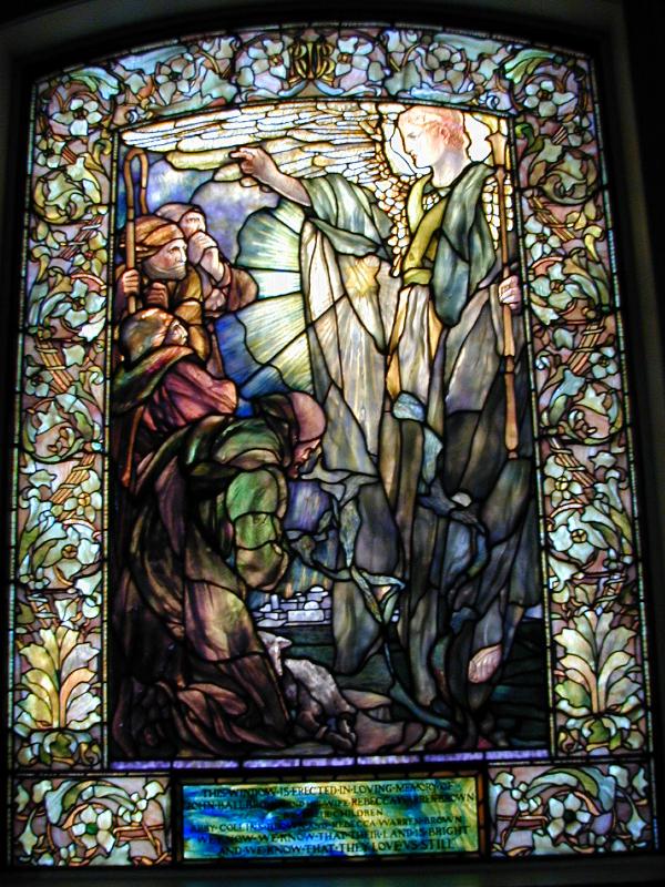 Boston, Massachusetts (MA): Arlington Street Church: Angel Announces Birth of Jesus (Tiffany stained glass memorial window, designed c1898, installed 1900)