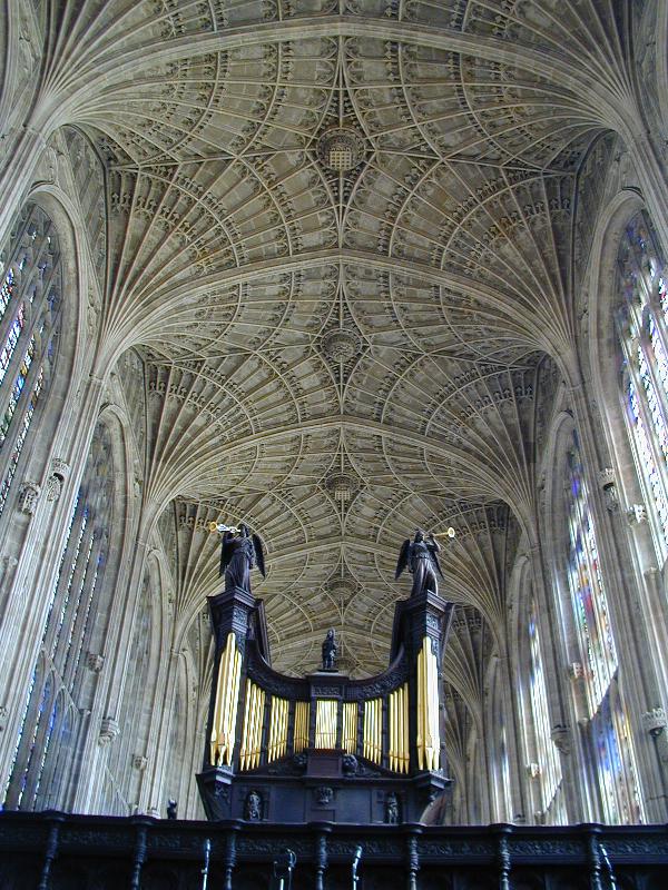 Cambridge, England: King's College: chapel ceiling, with organ
