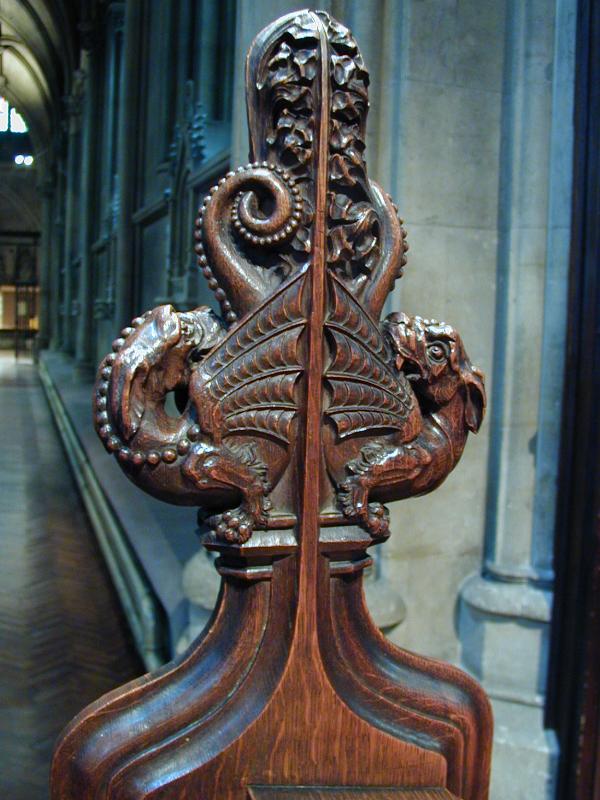 Cambridge, England: Catholic Church (Our Lady and the English Martyrs): oak bench carving