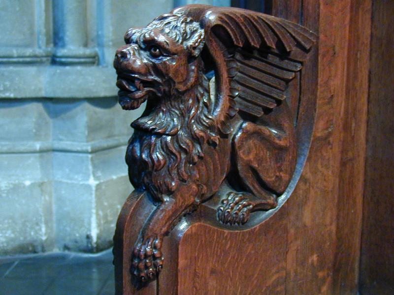 Cambridge, England: Catholic Church (Our Lady and the English Martyrs): oak bench carving