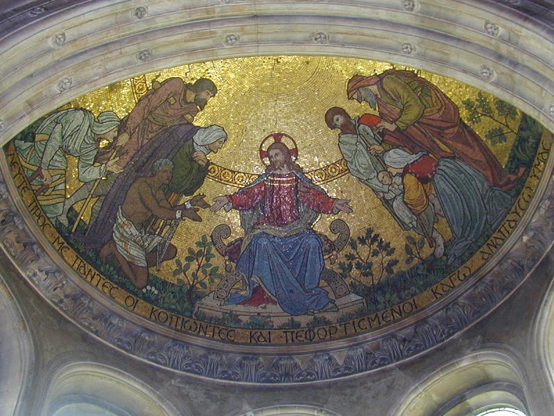 Cambridge, England: Gonville and Caius College: chapel apse mosaic (Christ in glory surrounded by his disciples) (1870, by Salviati)