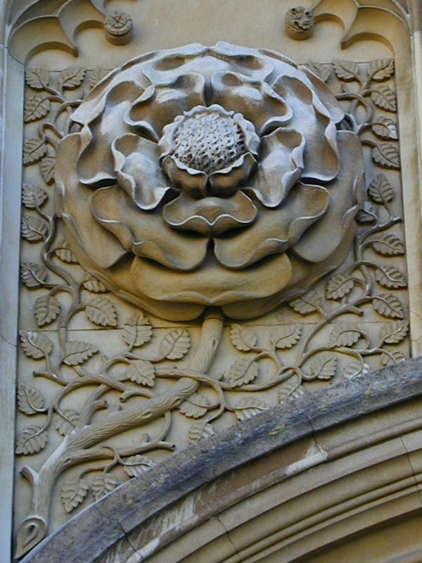 Cambridge, England: King's College: screen rose relief