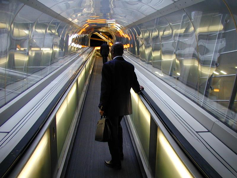 Paris, France: Charles de Gaulle airport: Terminal 1 escalator (travelator) (1964-1974, architect Paul Andreu)