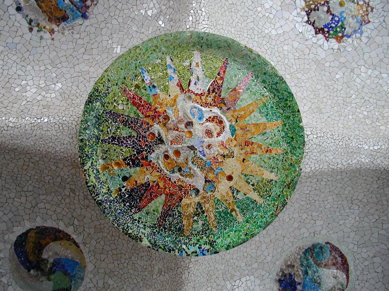 Barcelona, Spain: Park Guell: spring sun plafond (1900-1914, Antoni Gaudi and Josep Maria Jujol)