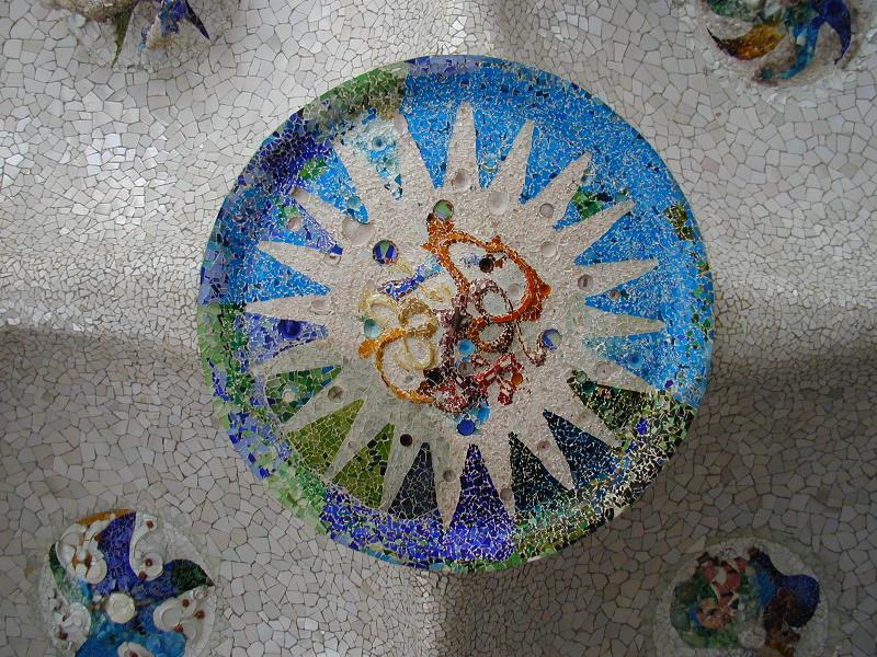 Barcelona, Spain: Park Guell: autumn sun plafond (1900-1914, Antoni Gaudi and Josep Maria Jujol)