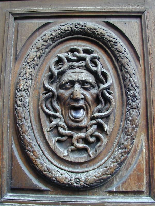 Paris, France: 47 Rue Vielle du Temple (Hotel Amelot de Bisseuil, Hotel des Ambassadeurs de Hollande): Medusa sculpture in door (1657-1660, architect Pierre Cottard)