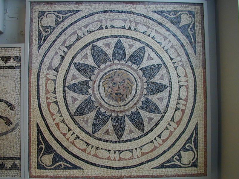 London, England: British Museum: mosaic of Mask of Phobos (Fear) (4th century AD, from Halicarnassus)