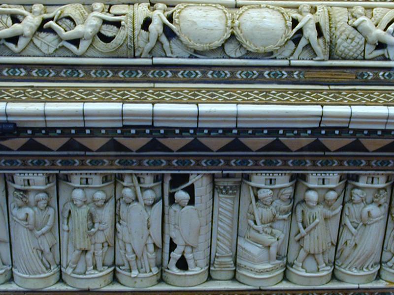 London, England: British Museum: detail of wooden casket with bone panels (first quarter of 15th century, from the Embriachi workshops)