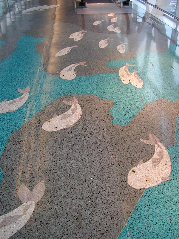 Boston, Massachusetts (MA): Logan Airport, Terminal E walkway: fish ('Atlantic Journey' floor, 1998, by Jane Goldman)