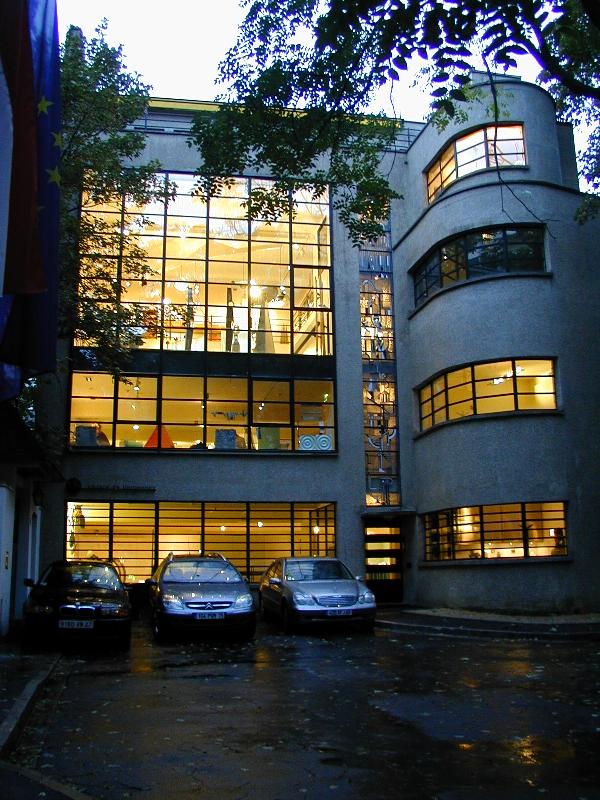 Paris, France: Atelier Barillet, 15 Square de Vergennes: view at dusk (art deco, 1932, architect Robert Mallet-Stevens, stained glass windows by Louis Barillet; restored 2001-2002)