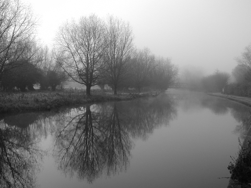 Cambridge, England: Cam: river in fog (black and white)