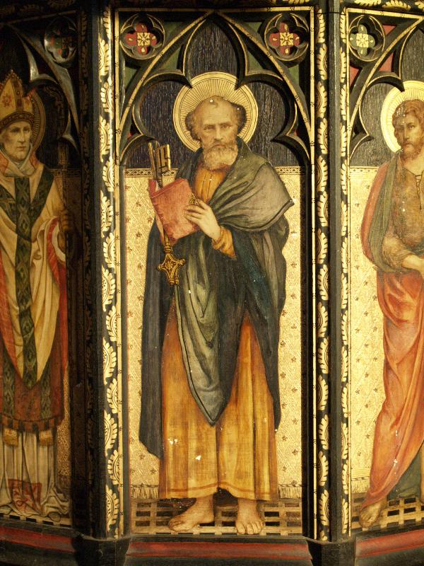 Cambridge, England: All Saints' Church: pulpit panel, St John the Baptist (1875, Wyndham Hope Hughes)