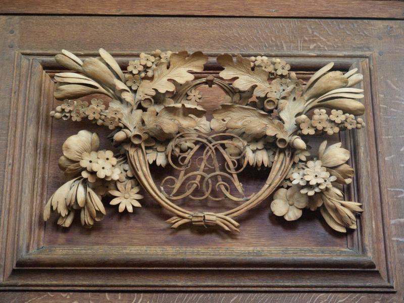 Cambridge, England: Trinity College: Wren Library carving (1691-1695, Grinling Gibbons)