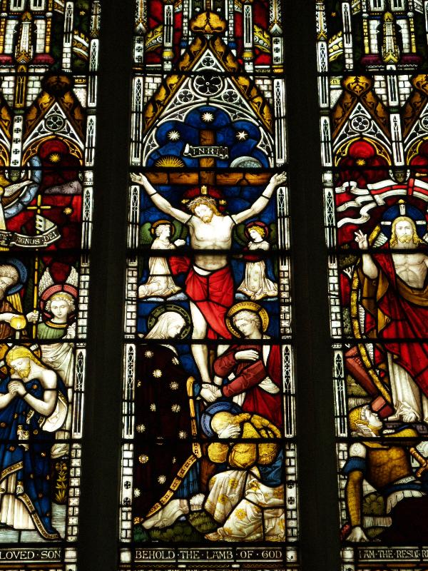 Higham Ferrers, England: Parish Church of St Mary the Virgin: Chancel, Crucifixion window (made by Clayton and Bell) detail