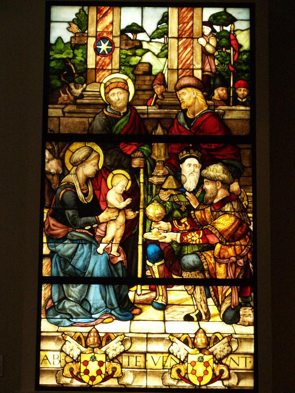 London, England: Victoria and Albert Museum: stained glass window from Cappella Maggiore of Cortona Cathedral (1516, made by Guillaume de Marcillat)