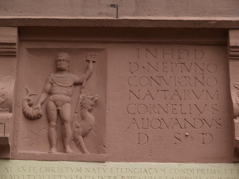 Ettlingen, Germany: Kronenstrasse: Neptune Stone (Neptunstein, 3rd century, Roman; plaque is 1554)
