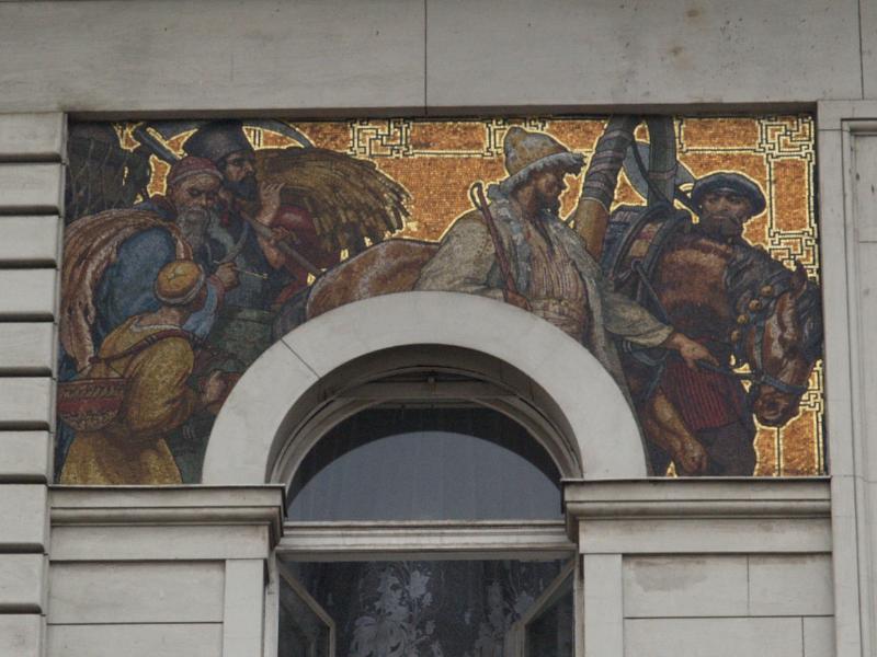 Lodz, Poland: Juliusz Kindermann Villa (ulica Piotrkowska 137/139): facade mosaic (1907; architect Karl Seidl or Gustav Landau-Gutenteger; mosaic designed by Hans Schram, made by firm of Antonio Salviati)