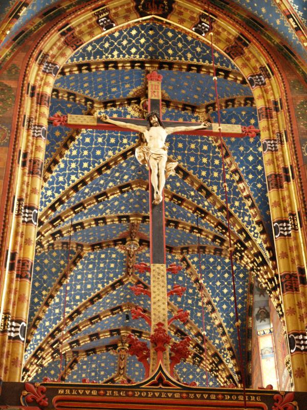 Krakow (Cracow), Poland: St Mary's Church: crucifixion and ceiling