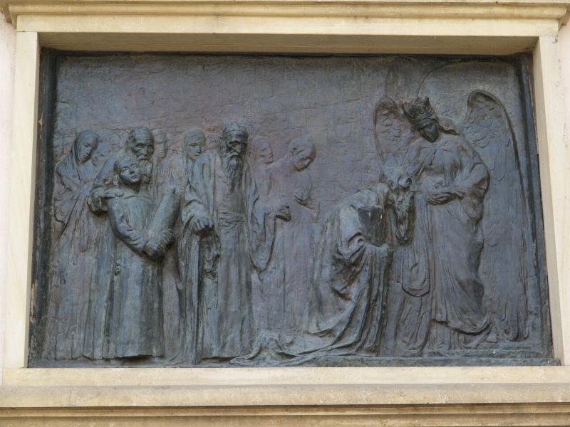 Krakow (Cracow), Poland: plac Wolnica: wall sculpture commemorating arrival of Jews in Krakow