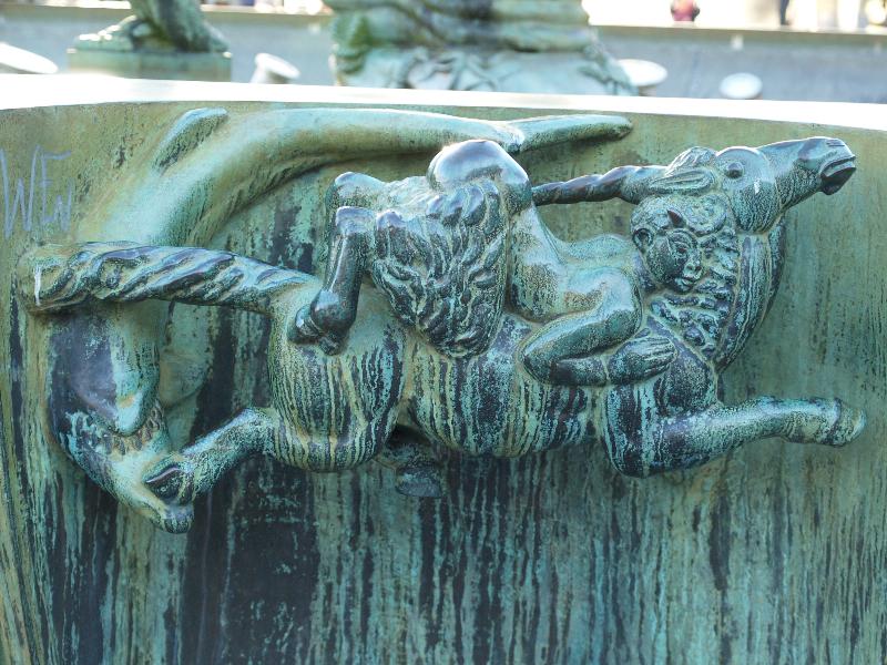 Goeteborg (Gothenburg), Sweden: Poseidon Fountain (Goetaplatsen): satyr and unicorn (c1930, sculptor Carl Milles)