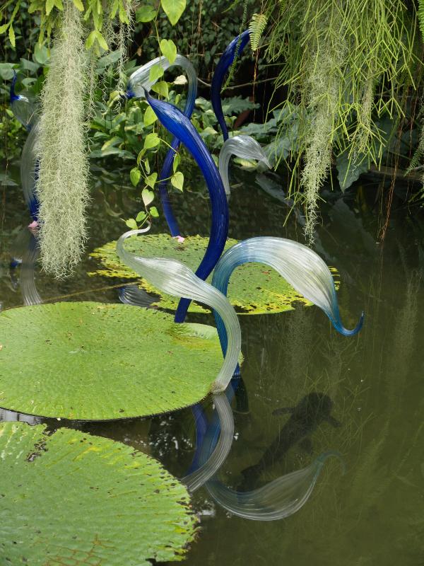 London, England: Kew Gardens: blue 'Herons' (glass artist Dale Chihuly) (with catfish)