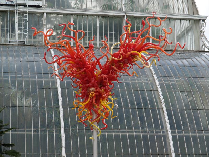 London, England: Kew Gardens: scarlet 'Tower' (glass artist Dale Chihuly)