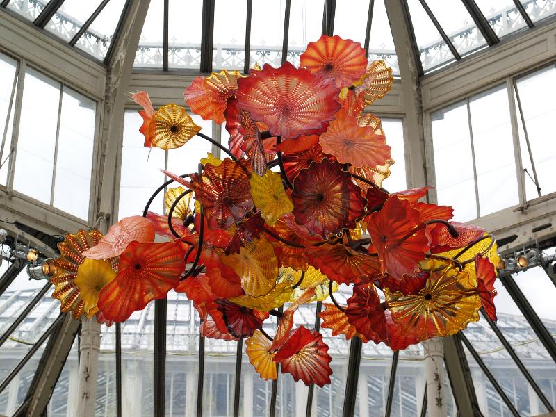 London, England: Kew Gardens: red 'shell chandelier' (glass artist Dale Chihuly)