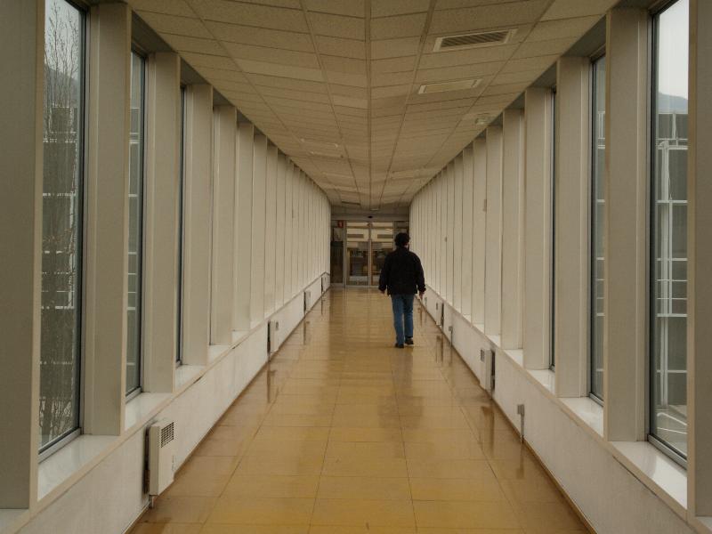 Grenoble, France: ESRF (European Synchroton Radiation Facility): connecting corridor from experimental hall to central building (c1991)