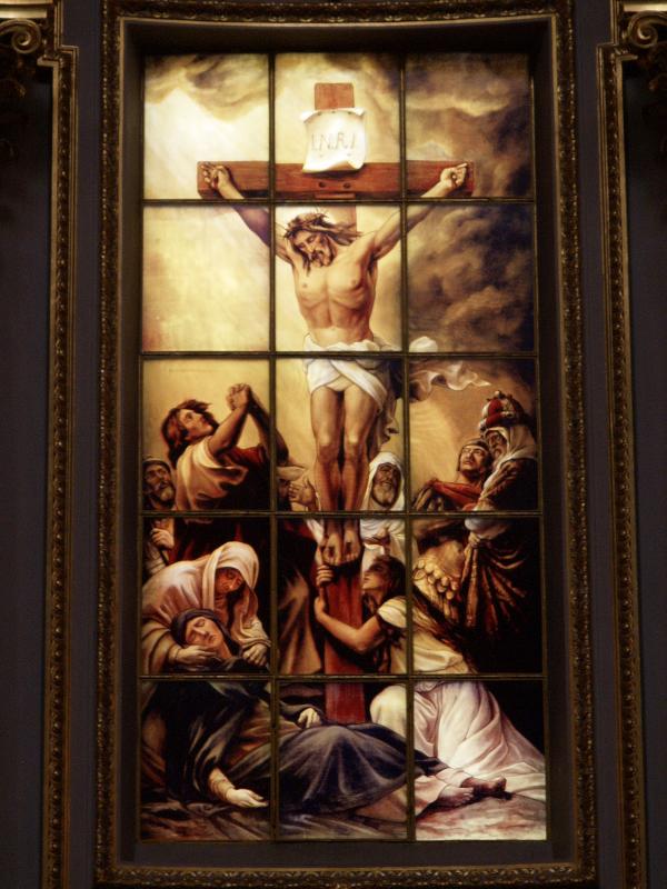 Berlin, Germany: Berliner Dom (Cathedral): Crucifixion of Christ (central altar window) (Luce-floreo etched) (1905, designed by Anton Von Werner; reconstructed 1987-1997)