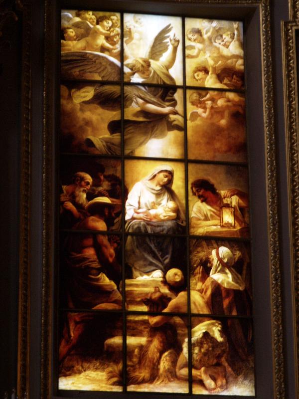 Berlin, Germany: Berliner Dom (Cathedral): Birth of Christ (left altar window) (Luce-floreo etched) (1905, designed by Anton Von Werner; reconstructed 1987-1997)