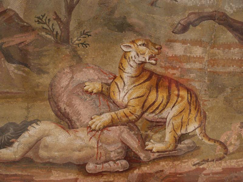 Berlin, Germany: Altes Museum: detail of tiger attacking centaur, mosaic (118-138 AD, from Hadrian's villa near Tivoli)