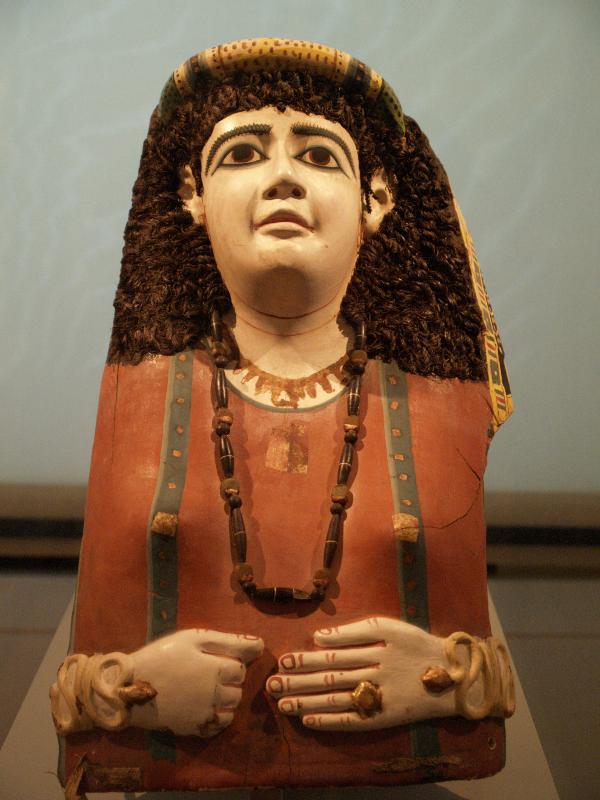 Berlin, Germany: Altes Museum: mummy mask of a woman with bracelets in form of snakes (beginning of 1st century AD)