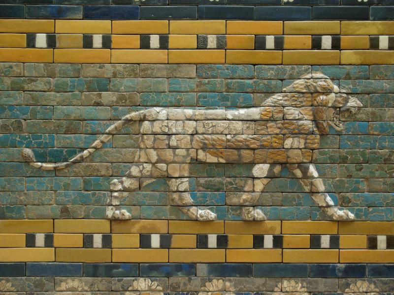 Berlin, Germany: Pergamon Museum: Ishtar Gate (Tor), lion panel (reconstructed, original was c 575 BC)