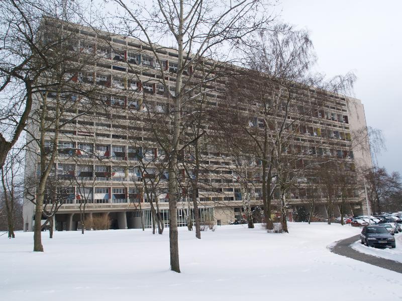 Berlin, Germany: Flatowallee 16, Unite d'Habitation: view from front (built for Interbau 1957, architect Le Corbusier)