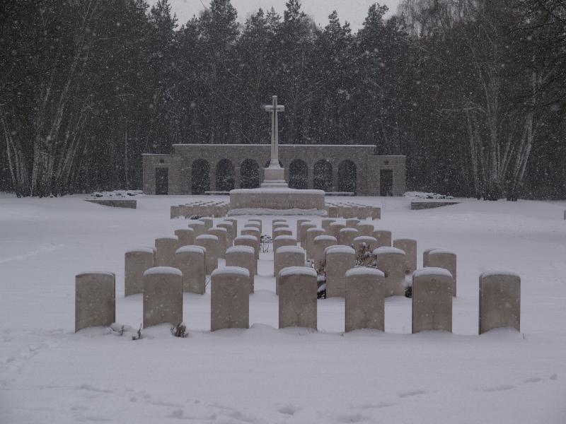 Berlin, Germany: Commonwealth War Cemetery (Heerstrasse): snowy view (architect Philip Hepworth)